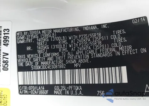 2014 Toyota Sienna Xle/Limited from USA, damaged, VIN 5TDDK3DC4ES081882